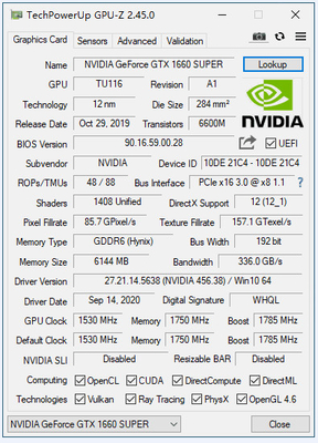 GTX 1660 SUPER Mining Graphic Card Hynix 1710Mhz 120W HMDI DVI DP