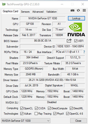 PCWINMAX GT 1030 2GB GDDR5 ATX Graphics Card 64Bit Single Fan HD DVI Desktop Video Card