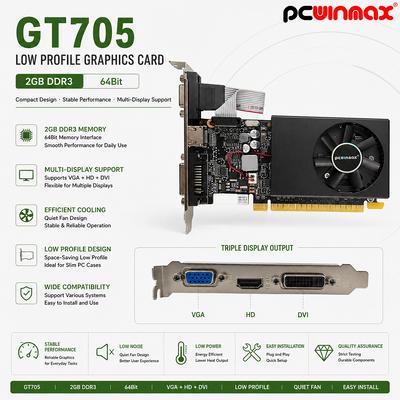 PCWINMAX GT 705 2GB 64Bit GDDR3 Low Profile Single Fan VGA DVI HD Port GPU Graphics Card for Desktop