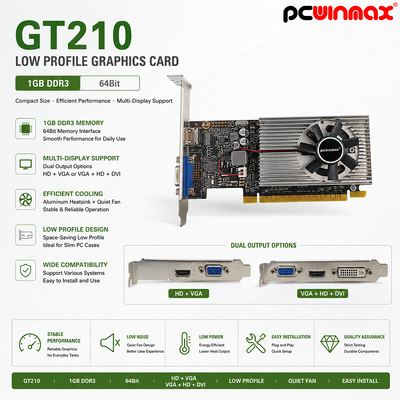 PCWINMAX GT 210 1GB 64bit GDDR3 Low Prof Single Fan HD VGA Desktop Video Card Original PCI Express 2.0x16 GPU