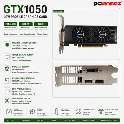 PCWINMAX GTX 1050 Κάρτα γραφικών επιφάνειας εργασίας 2GB 128Bit GDDR5 χαμηλού προφίλ διπλός ανεμιστήρας