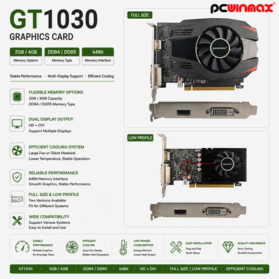 PCWINMAX GT 1030 2GB GDDR5 ATX κάρτα γραφικών 64Bit Single Fan HD DVI κάρτα βίντεο επιφάνειας εργασίας