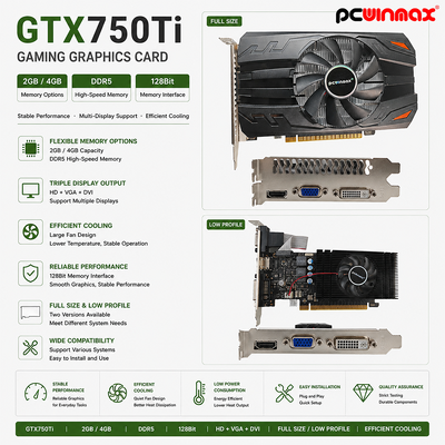 PCWINMAX Geforce GTX 750TI 4GB VGA DVI HD Single Fan Παιχνίδια Γραφική κάρτα επιφάνειας εργασίας