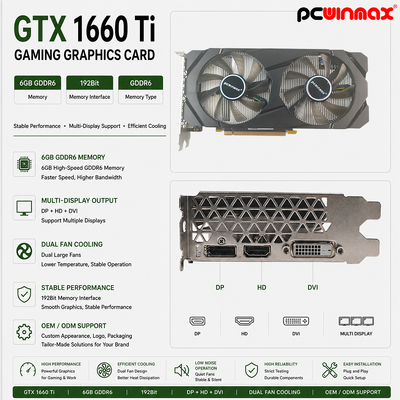 PCWINMAX Geforce GTX 1660 Ti 6GB GPU κάρτα γραφικών 192 Bit 1500MHz/1770MHz HD DP DVI 14Gbps Μνήμη