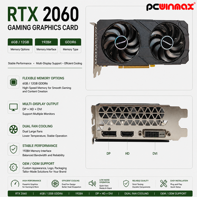 Κάρτα γραφικών PCWINMAX Geforce RTX 2060 6 GB GDDR6 192 bit 1680 MHz Dual-Fan Gaming με HD/DP/DVI Διαθέσιμο για εκδόσεις επιτραπέζιων υπολογιστών